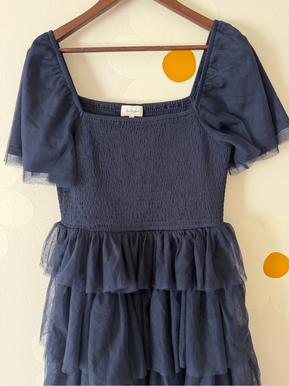 EUC Bohme Navy Mia Ruffled Tulle Smocked Maxi Dress - Picture 6 of 12